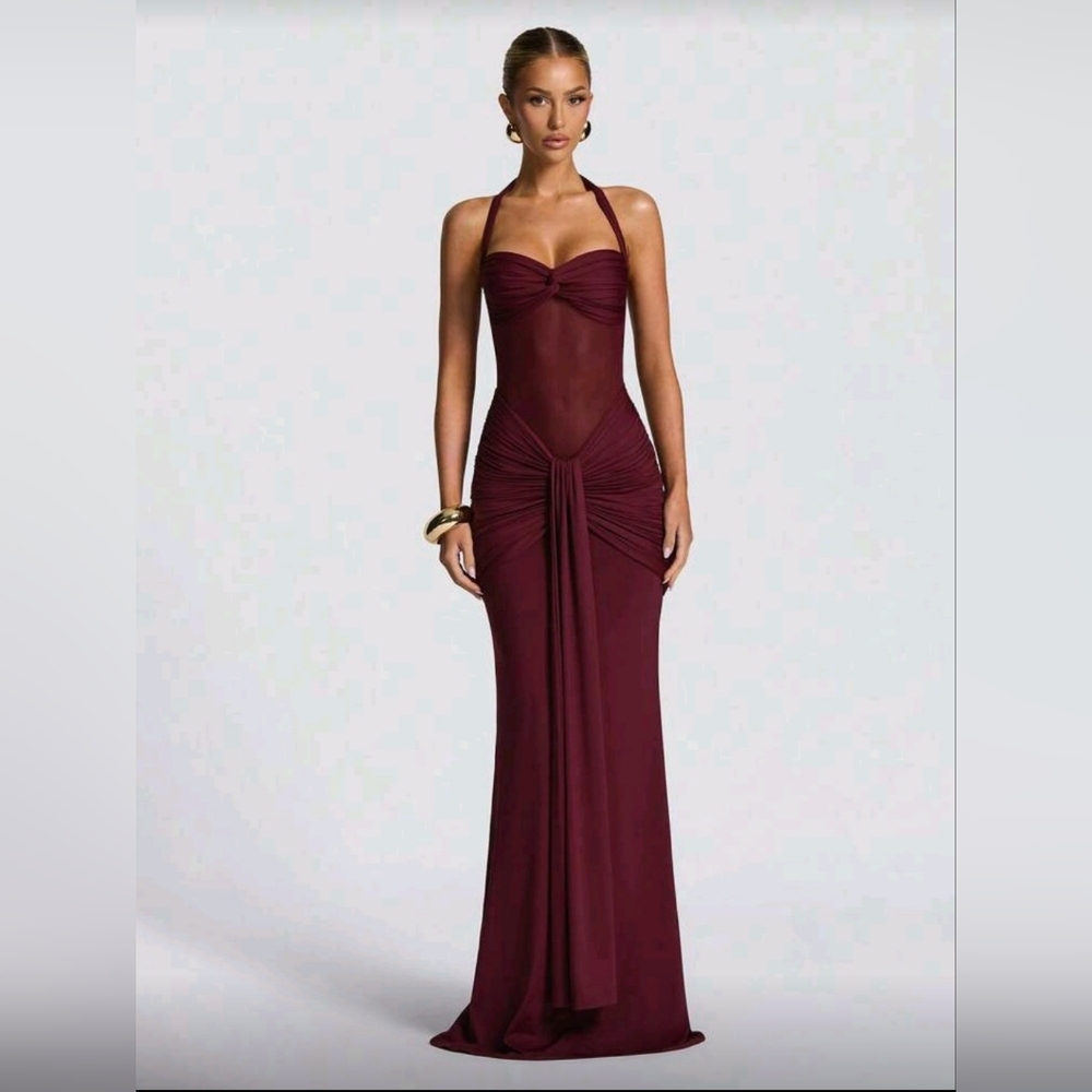 Red Violet Size L 8/10 Sexy Spaghetti Strap Backless Waist Cinched High Slit FP